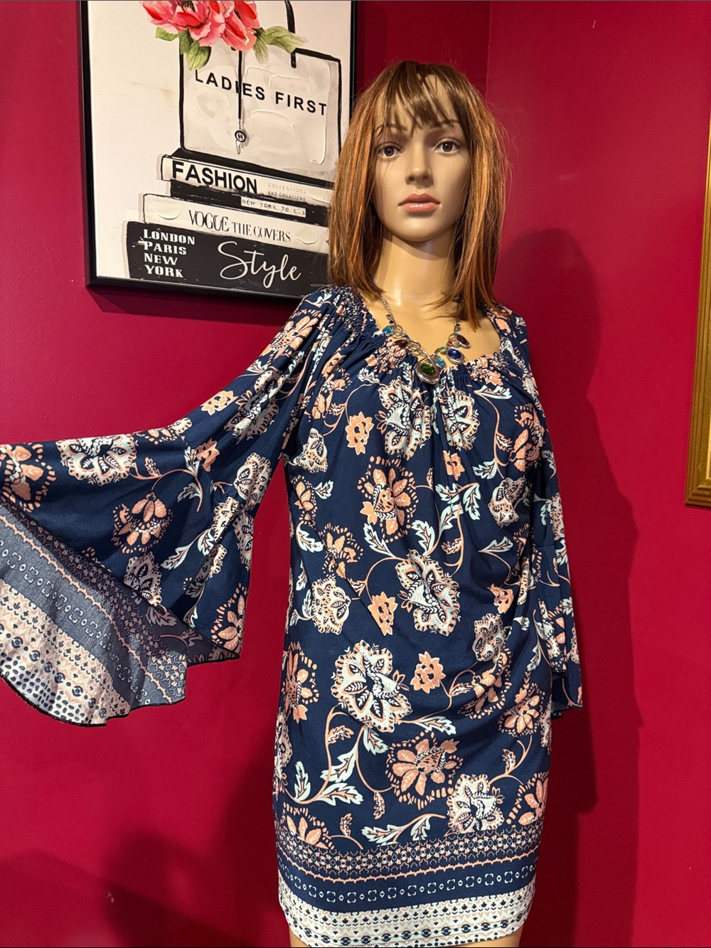 Lildy Tie Sleeve Tunic - Navy with Blush Floral Print EUC Sz L XL